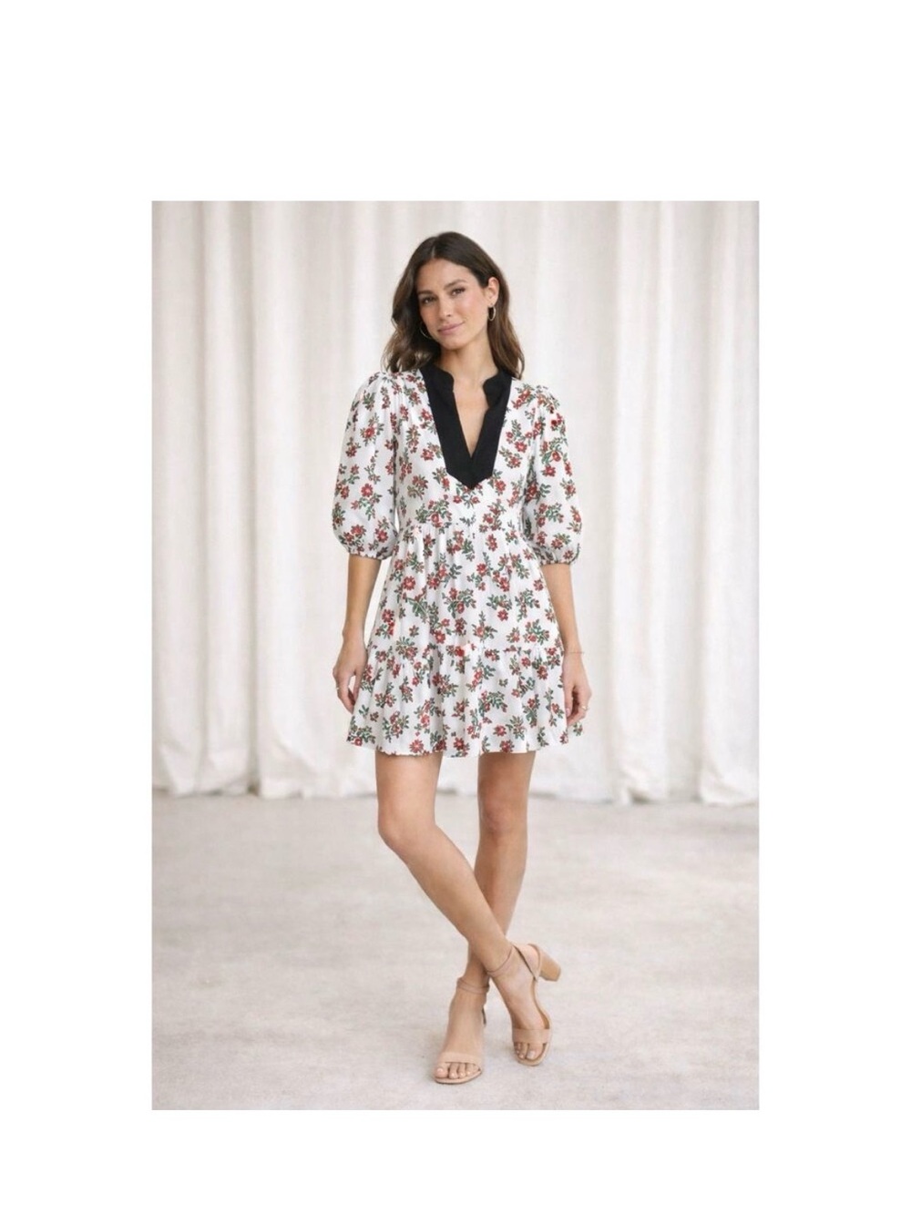 Smith & Quinn Tory Hollyhock Bloom Floral V-Neck Puff Sleeve Mini Dress SZ M